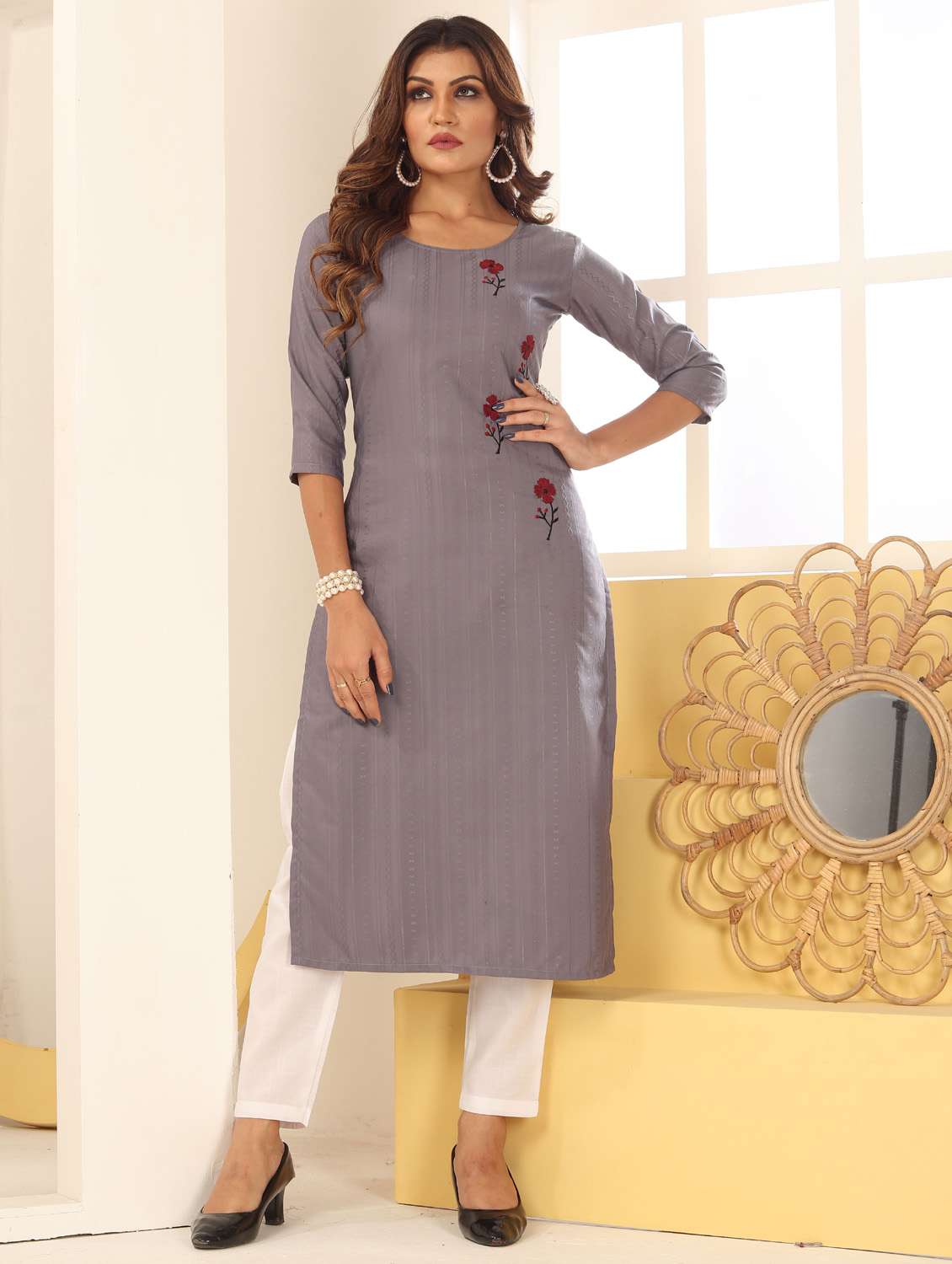 women grey silk straight kurta