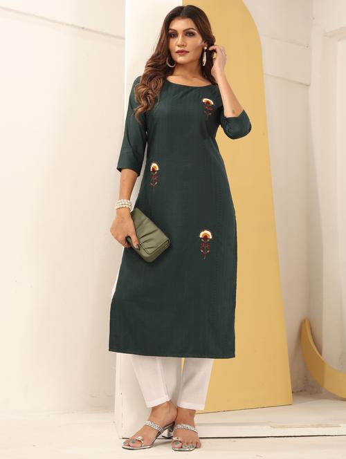 women round neck embroidered straight kurti - 21332909 -  Standard Image - 0