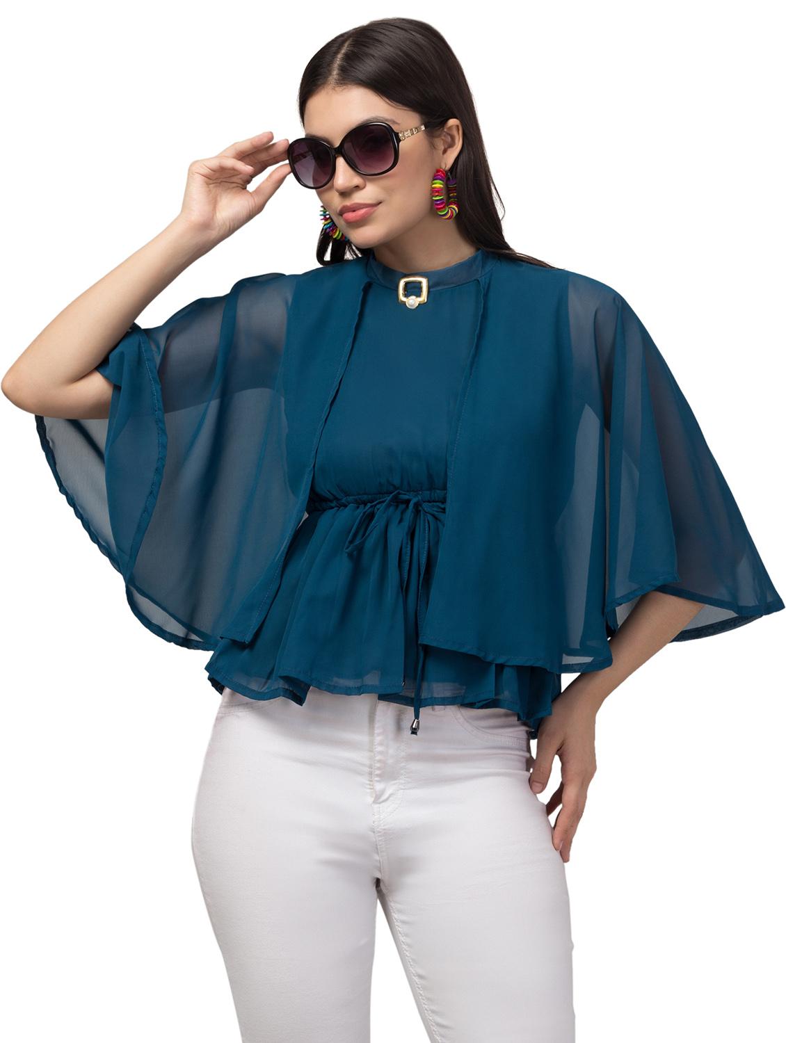 women teal blue georgette a-line top - 21332967 - Standard Image - 1