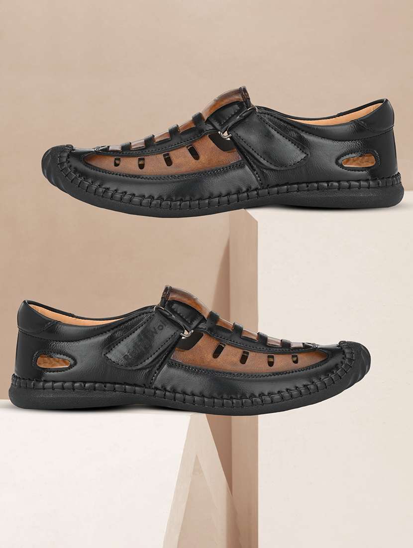 black leatherette slip on sandals