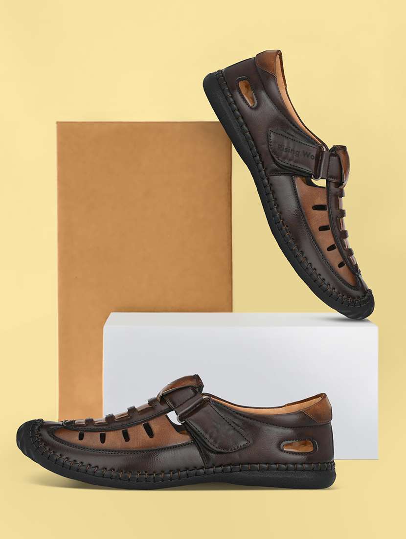 brown leatherette slip on sandals