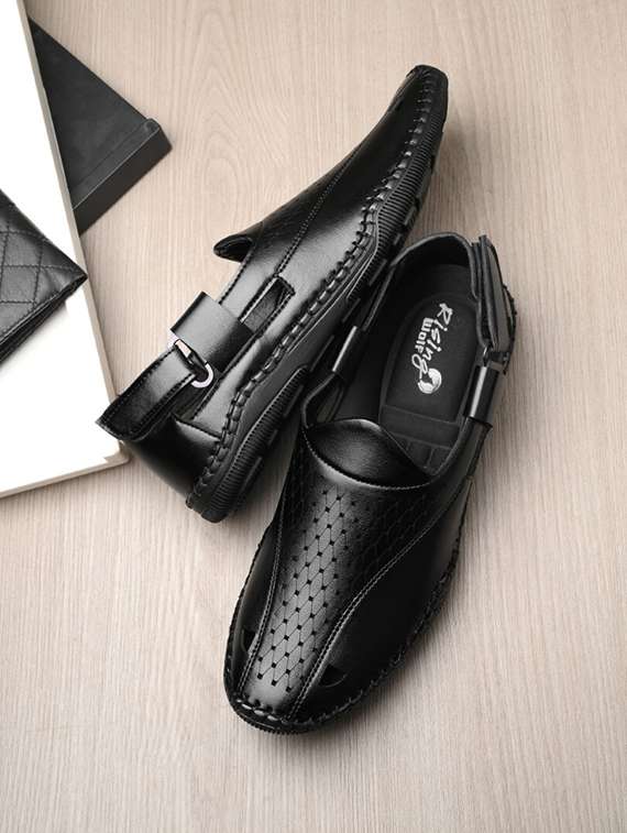 black leatherette slip on sandals