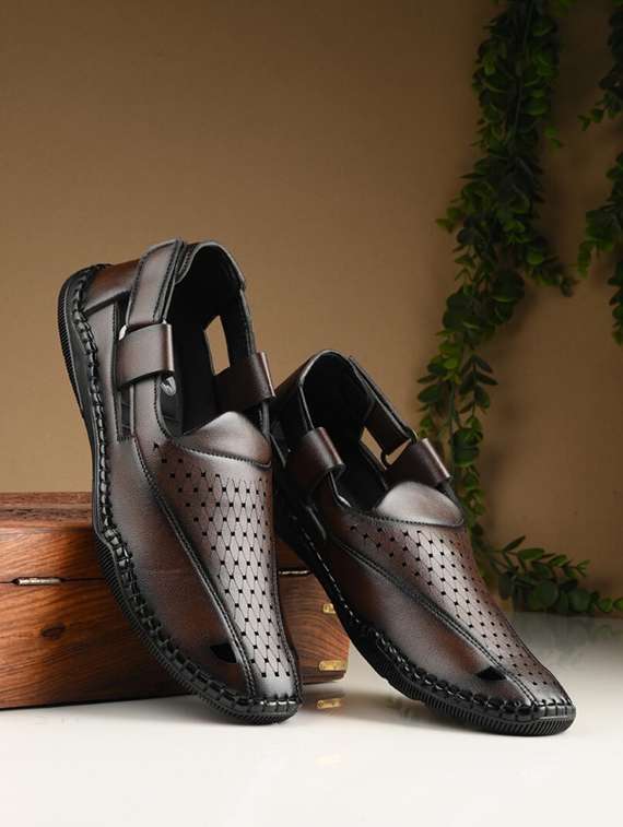 brown leatherette slip on sandals