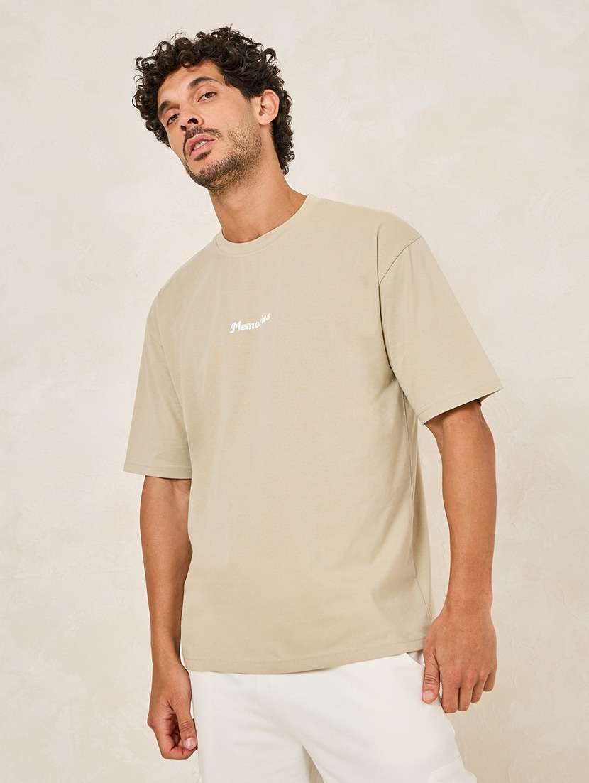 men beige cotton back print t-shirt - 21333414 -  Standard Image - 1