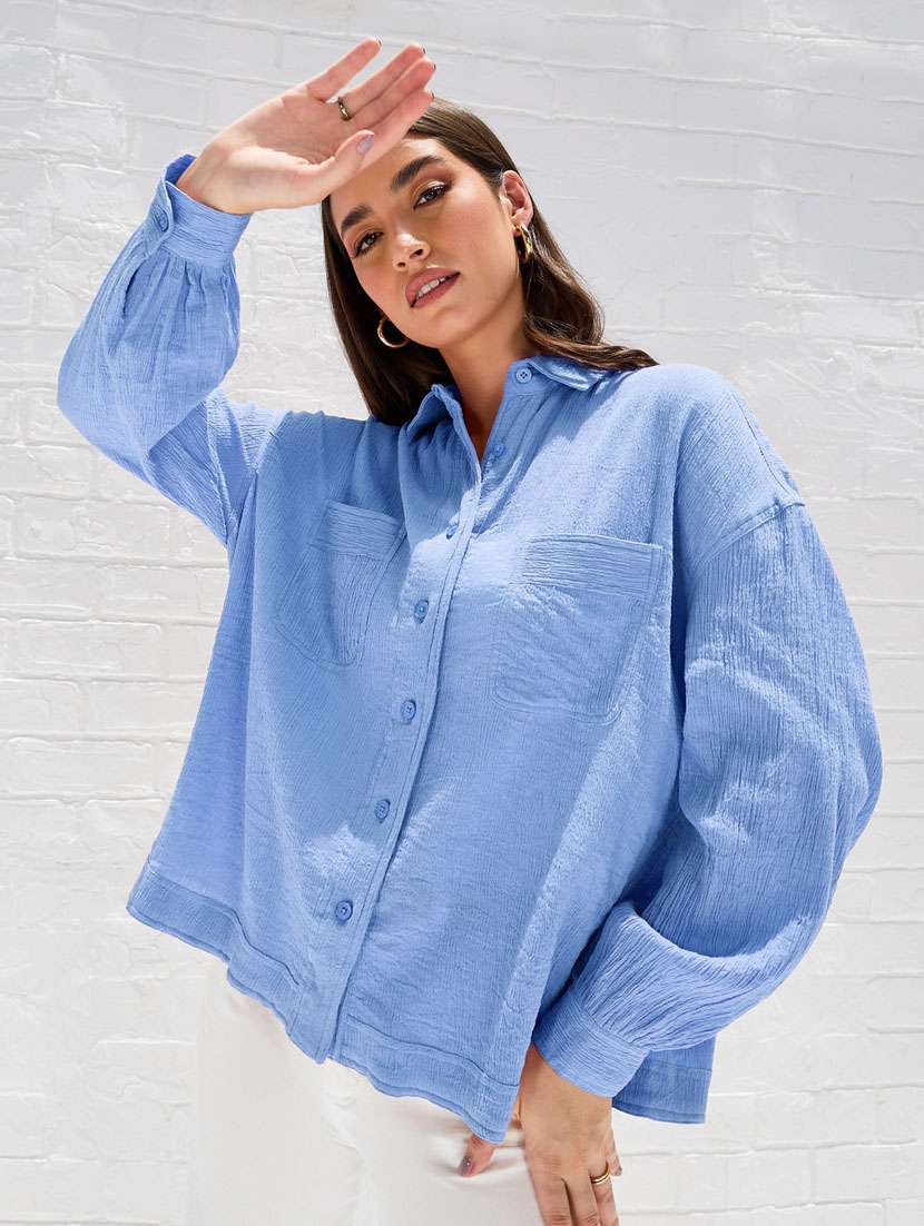 women solid collared puff sleeve oversized shirt