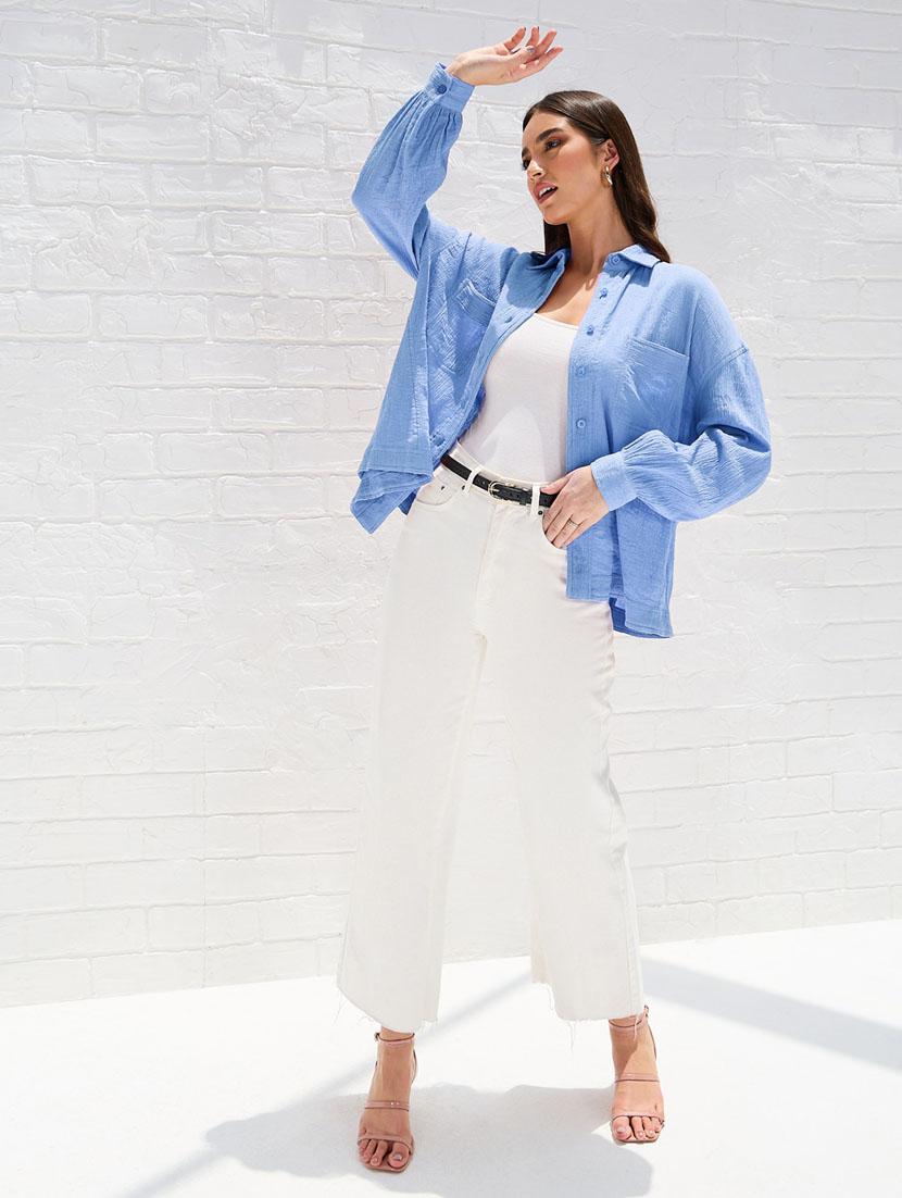 women solid collared puff sleeve oversized shirt - 21334261 - Standard Image - 4