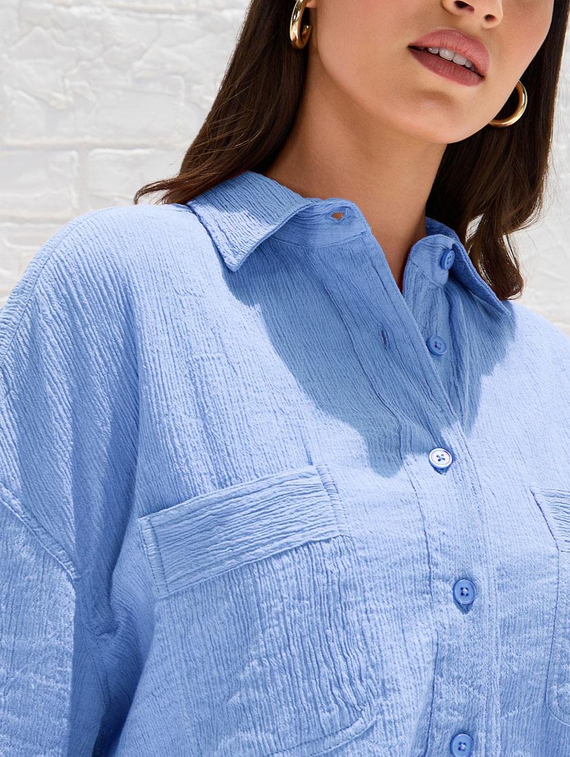 women solid collared puff sleeve oversized shirt - 21334261 - Standard Image - 6