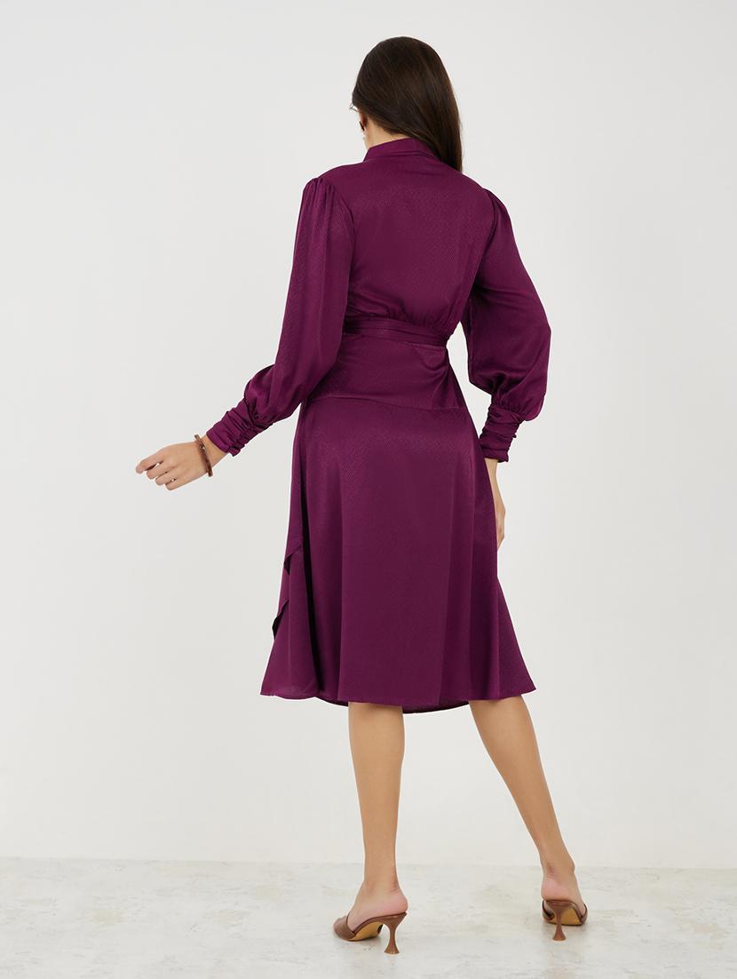 women solid puff sleeves wrap dress - 21334274 -  Standard Image - 1