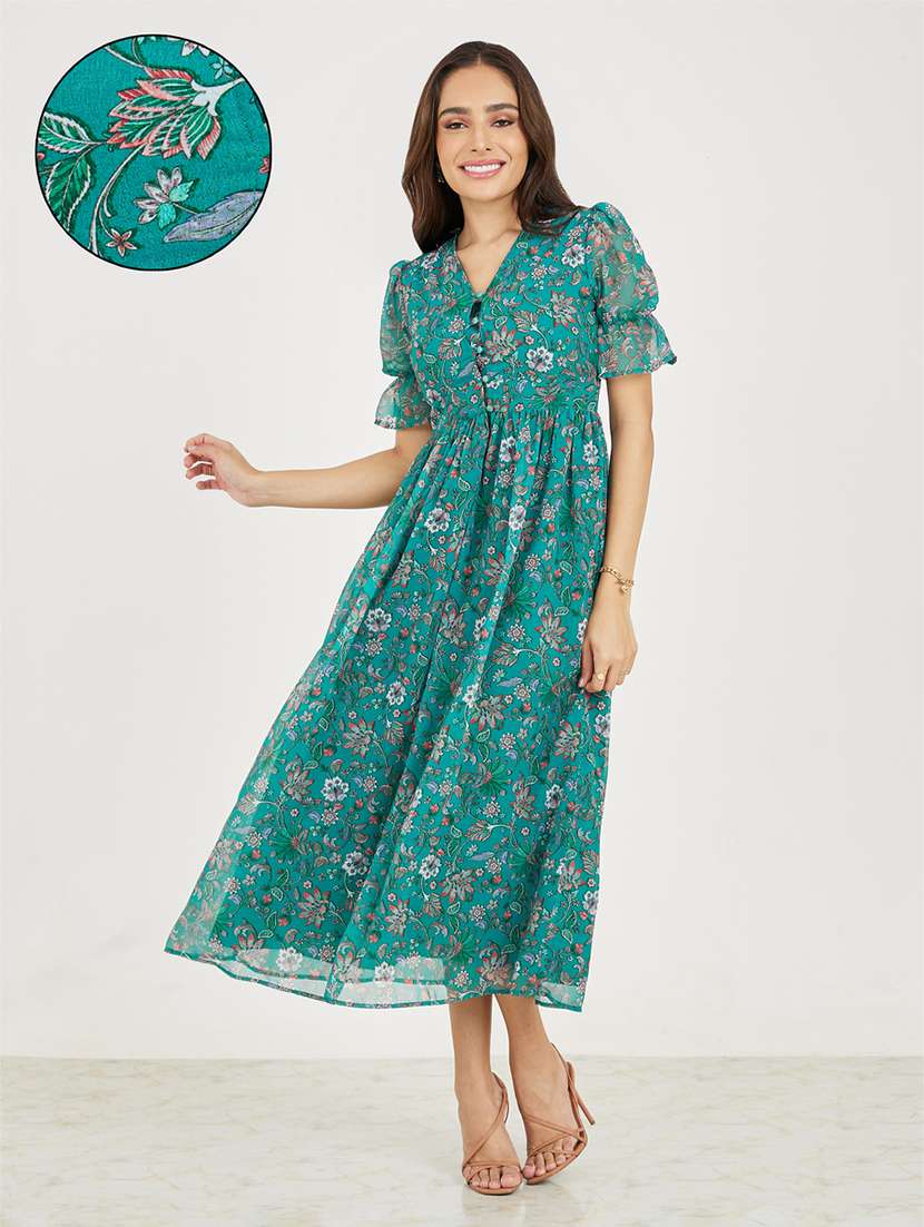 green polyester aline dress