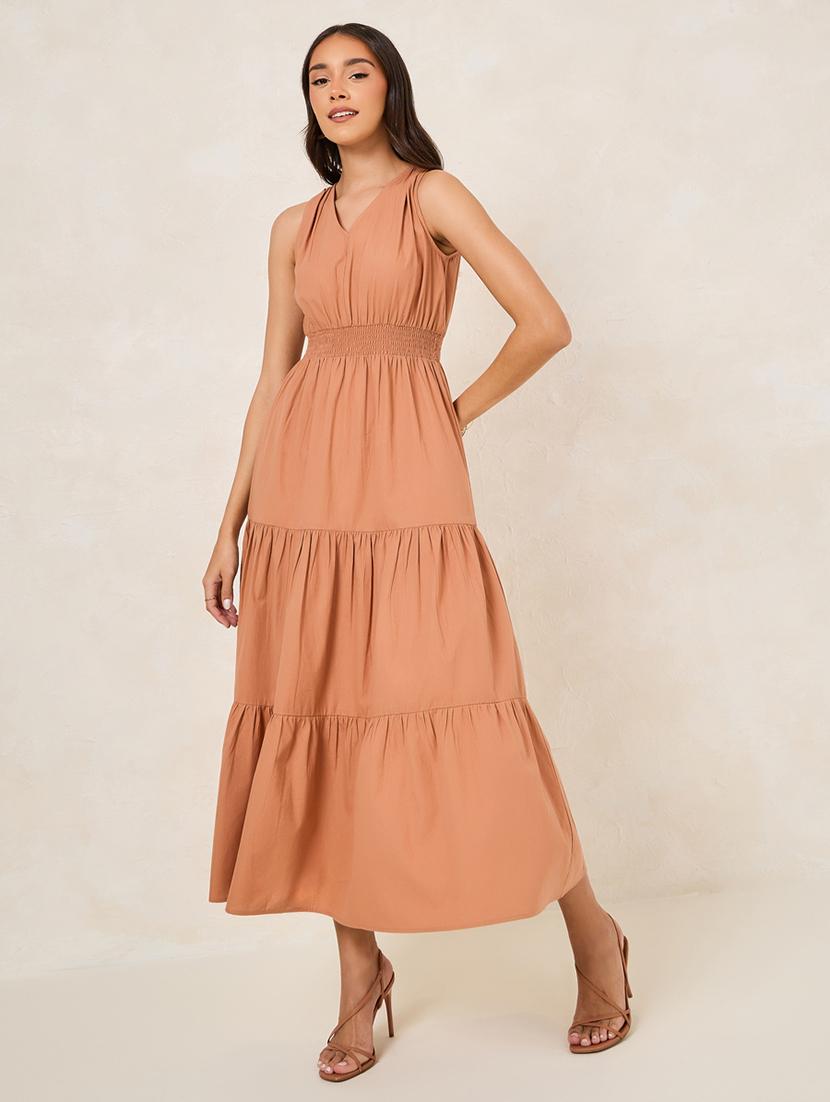 women brown cotton tiered dress