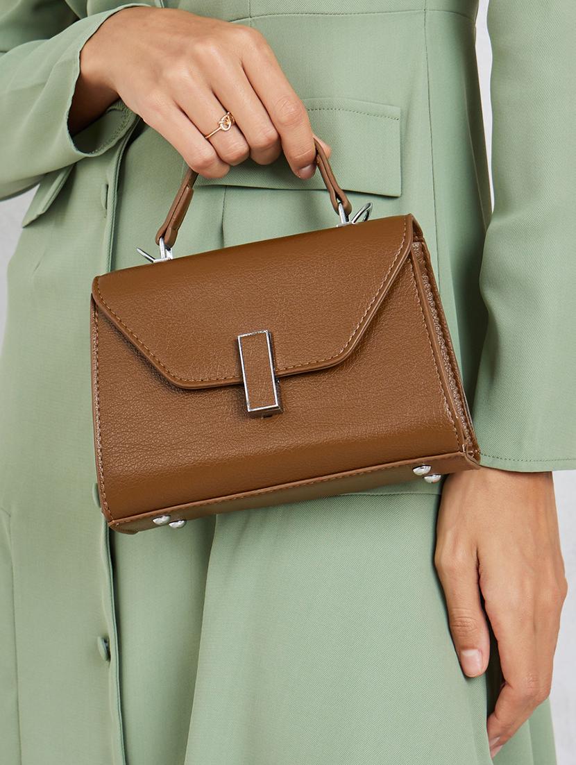 brown leatherette (pu) solid handbag - 21334344 - Standard Image - 4