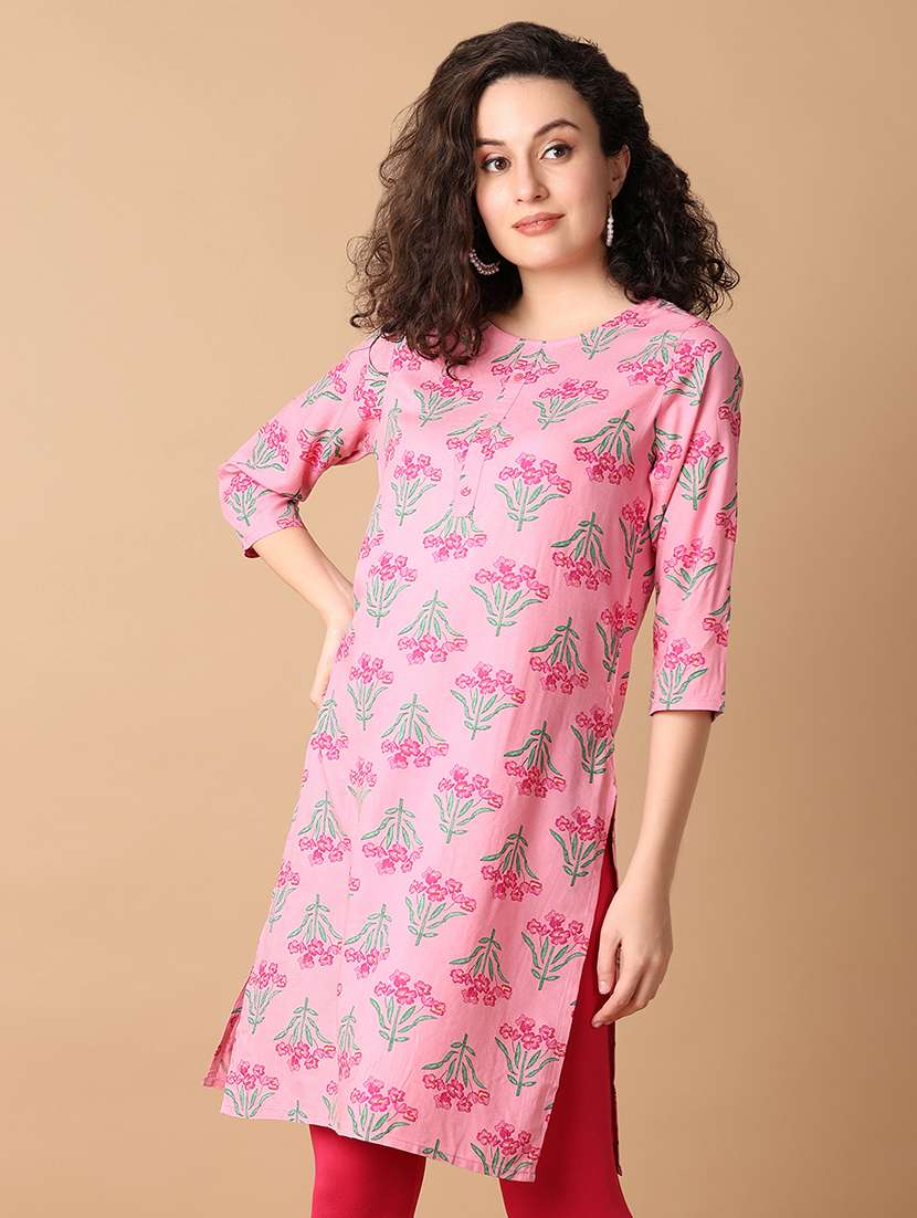 women pink floral round neck straight kurti - 21335915 -  Standard Image - 1