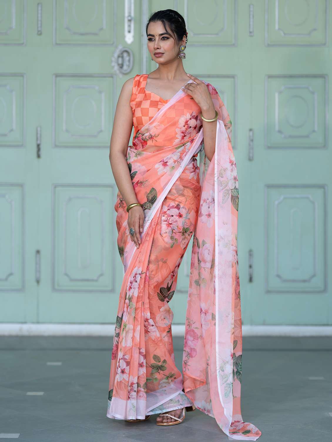 peach georgette printed saree with blouse