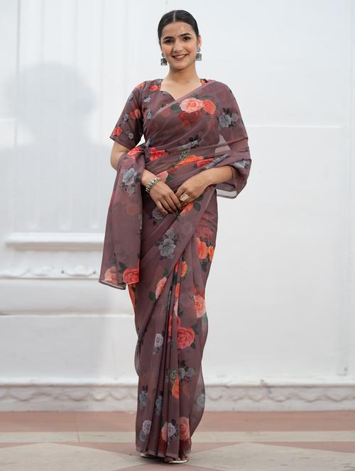brown georgette printed saree with blouse - 21336363 - Standard Image - 0