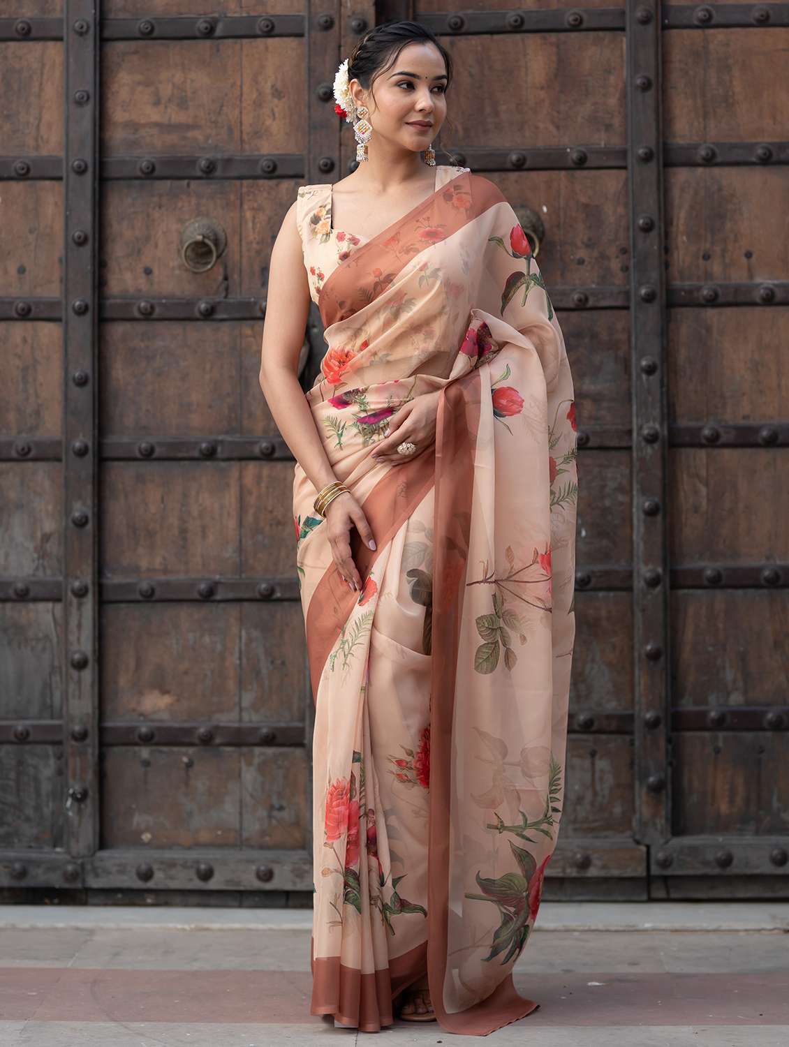 beige georgette printed saree with blouse