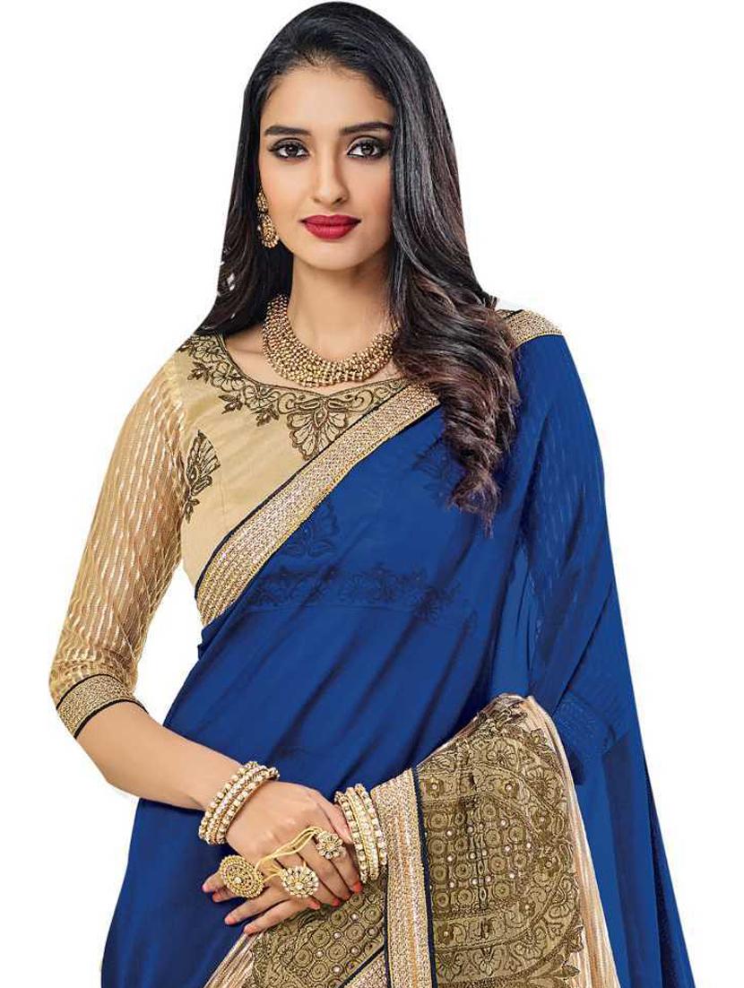 women blue solid printed georgette saree with blouse - 21337021 - Standard Image - 1
