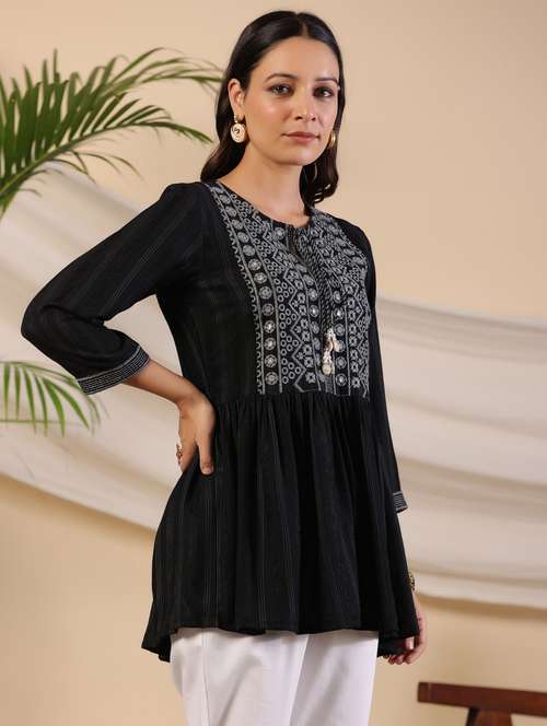 women embroidered tie up flared tunic - 21337630 - Standard Image - 0