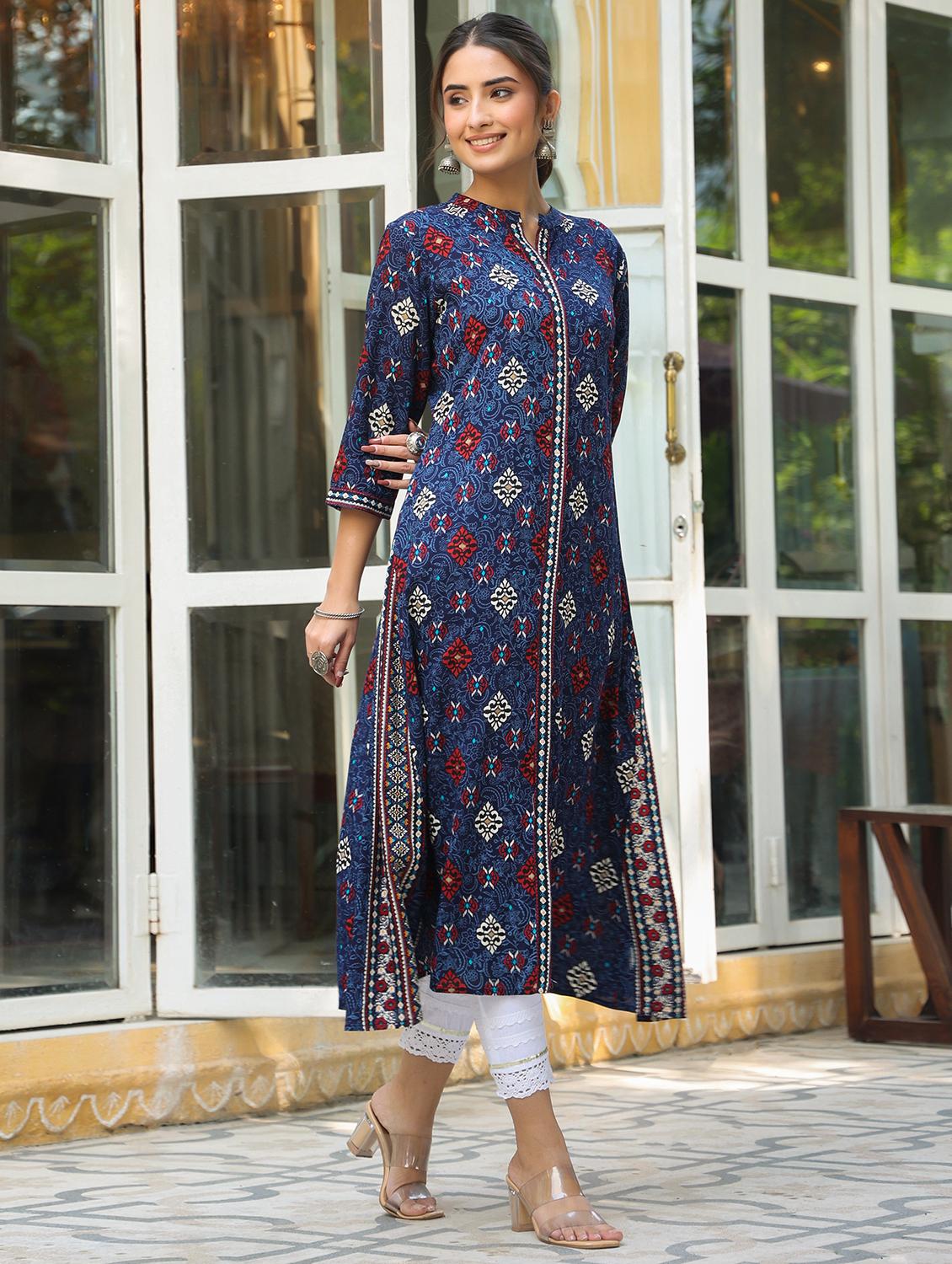 indigo rayon aline kurta - 21337666 -  Standard Image - 1