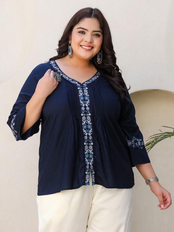 women navy blue rayon plus size tunic - 21337687 -  Standard Image - 1