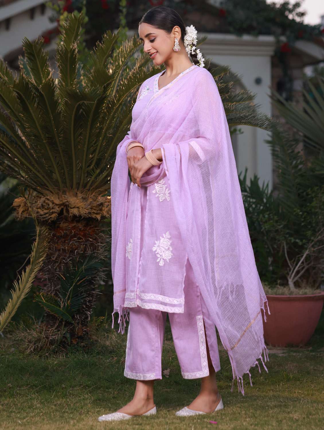 women three quarter sleeve kurta palazzo with dupatta set - 21337703 -  Standard Image - 1
