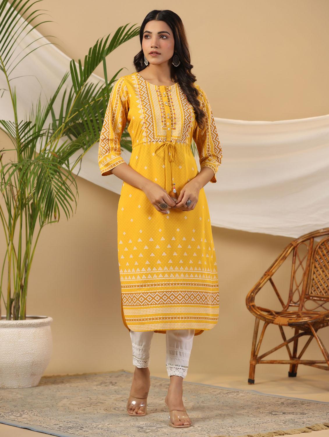 mustard rayon straight kurta - 21337722 - Zoom Image - 0