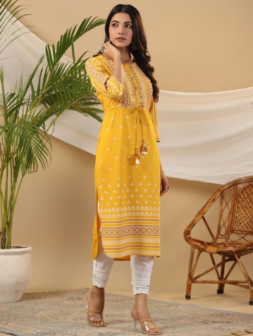 mustard rayon straight kurta - 21337722 -  Standard Image - 1