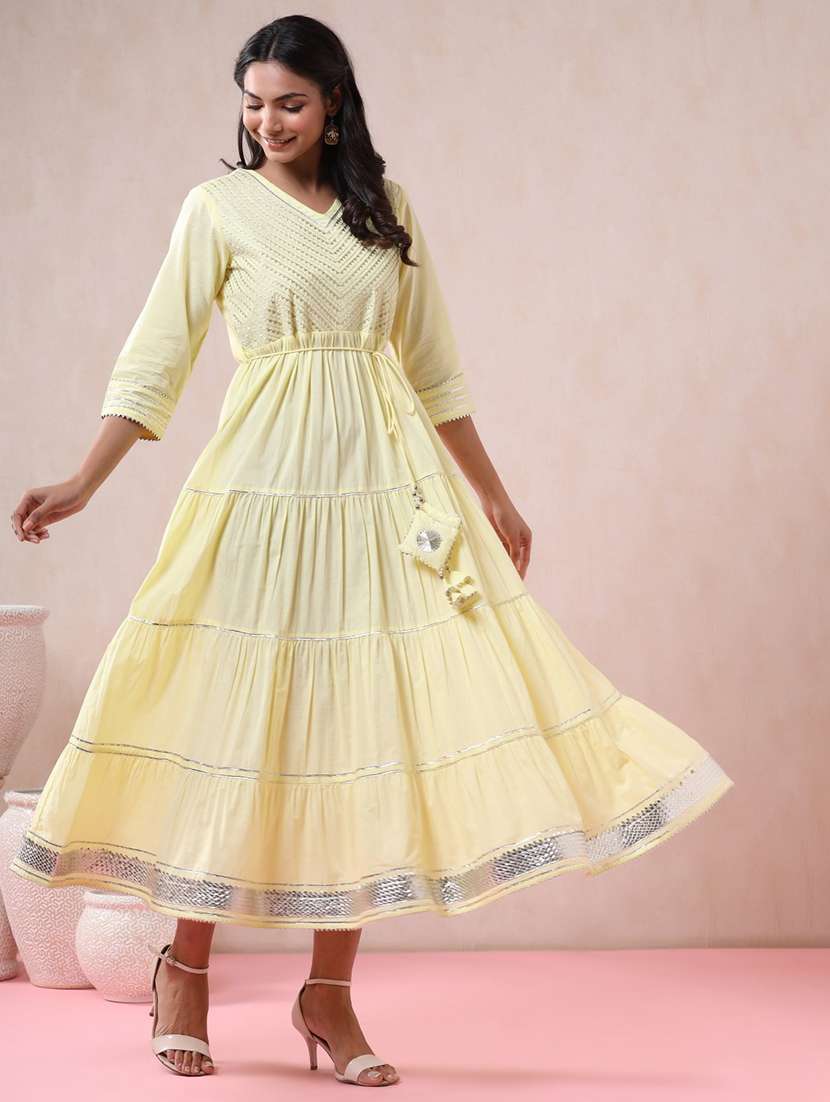 women yellow v neck tiered dress - 21337749 -  Standard Image - 1