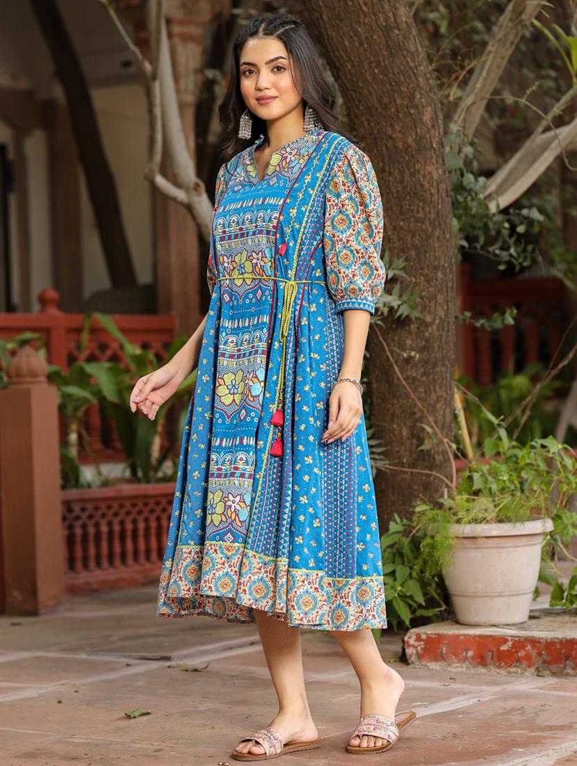 women light blue mandarin neck fit & flare dress - 21337761 - Standard Image - 1