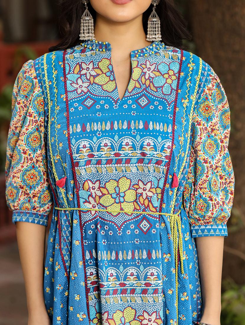 women light blue mandarin neck fit & flare dress - 21337761 - Standard Image - 4
