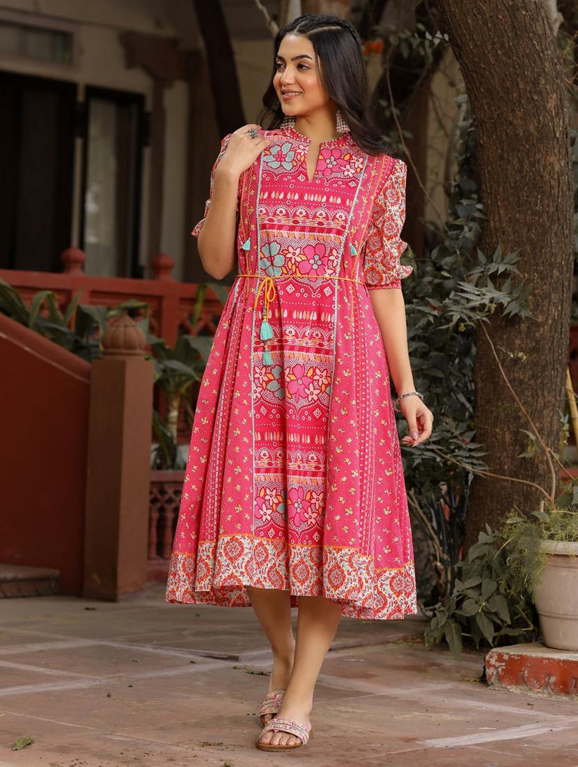 women pink mandarin neck fit & flare dress - 21337762 - Standard Image - 1