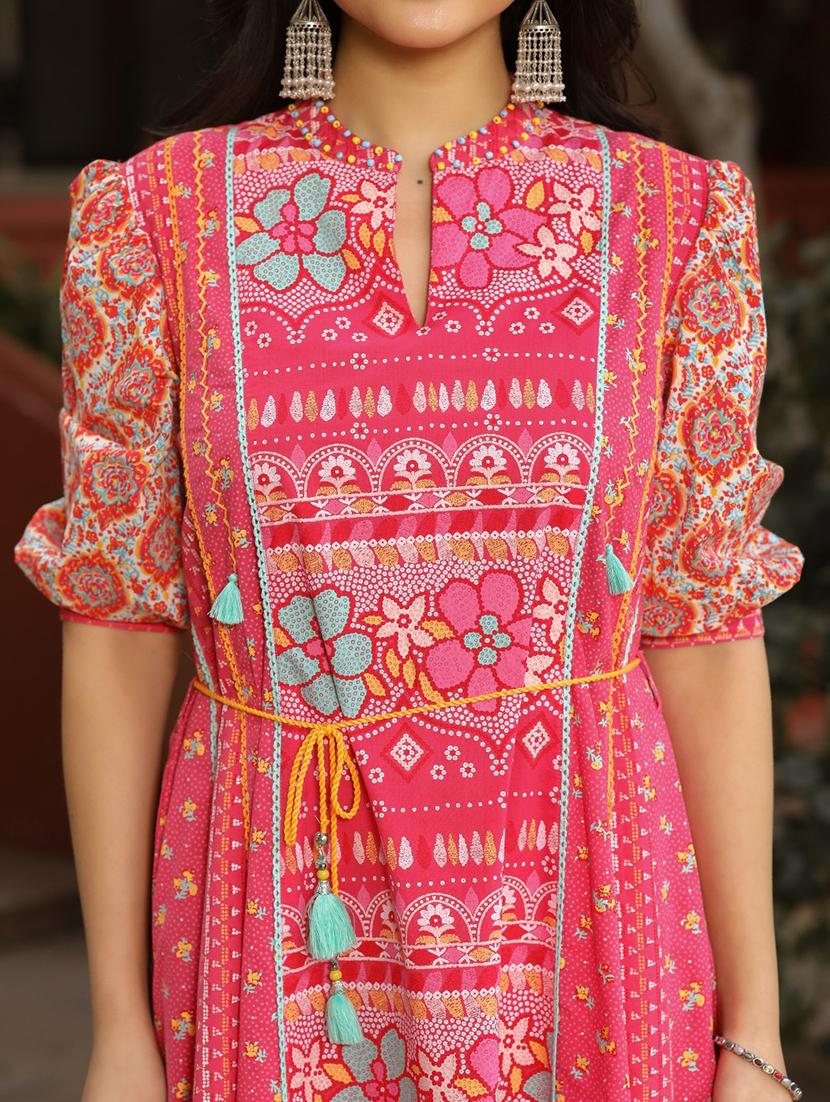 women pink mandarin neck fit & flare dress - 21337762 - Standard Image - 4