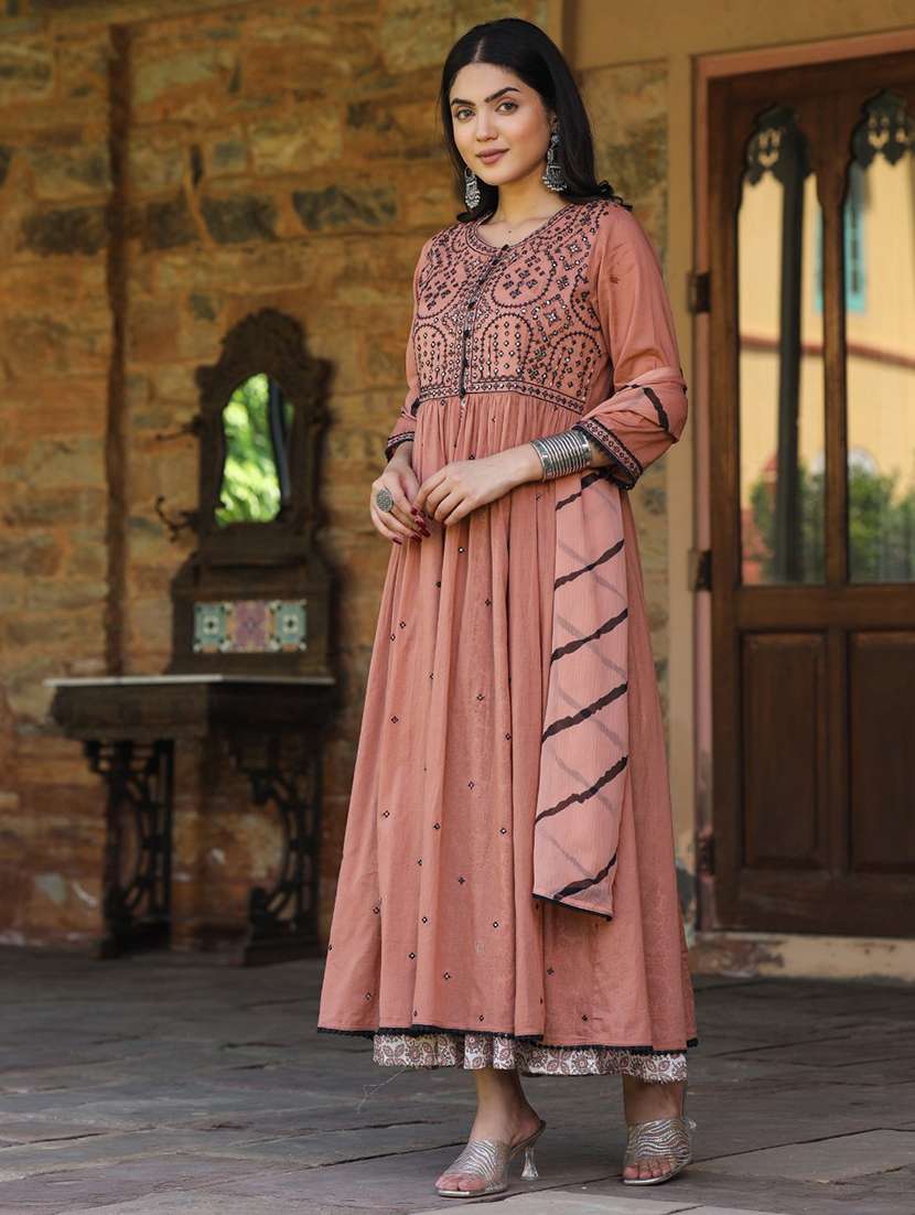 women peach round neck flared dress - 21337765 - Standard Image - 1