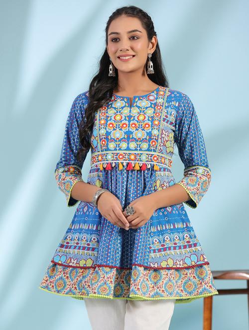 women blue cotton peplum tunic - 21337772 - Standard Image - 0