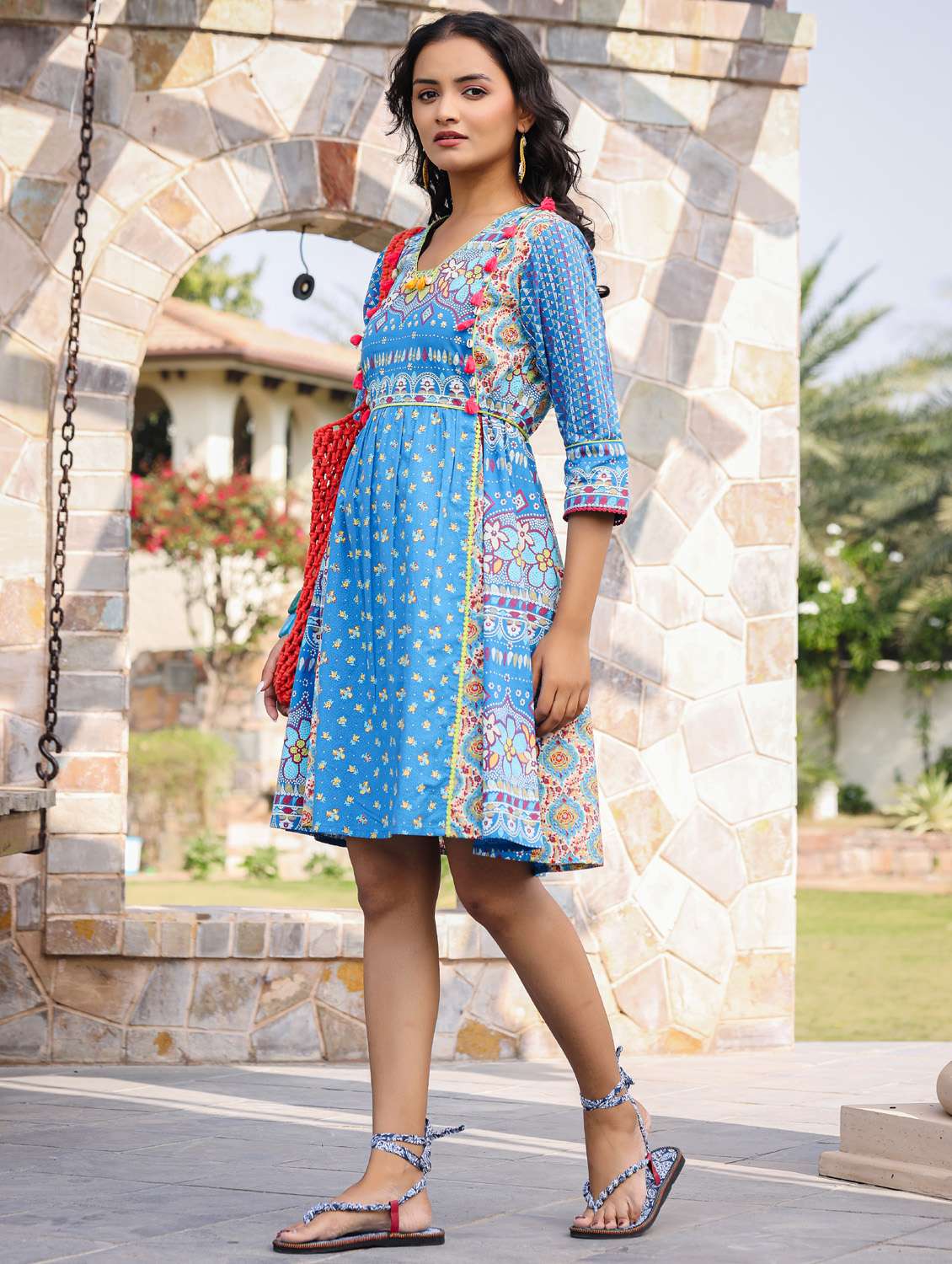 blue floral printed a-line ethnic dress - 21337814 - Standard Image - 1