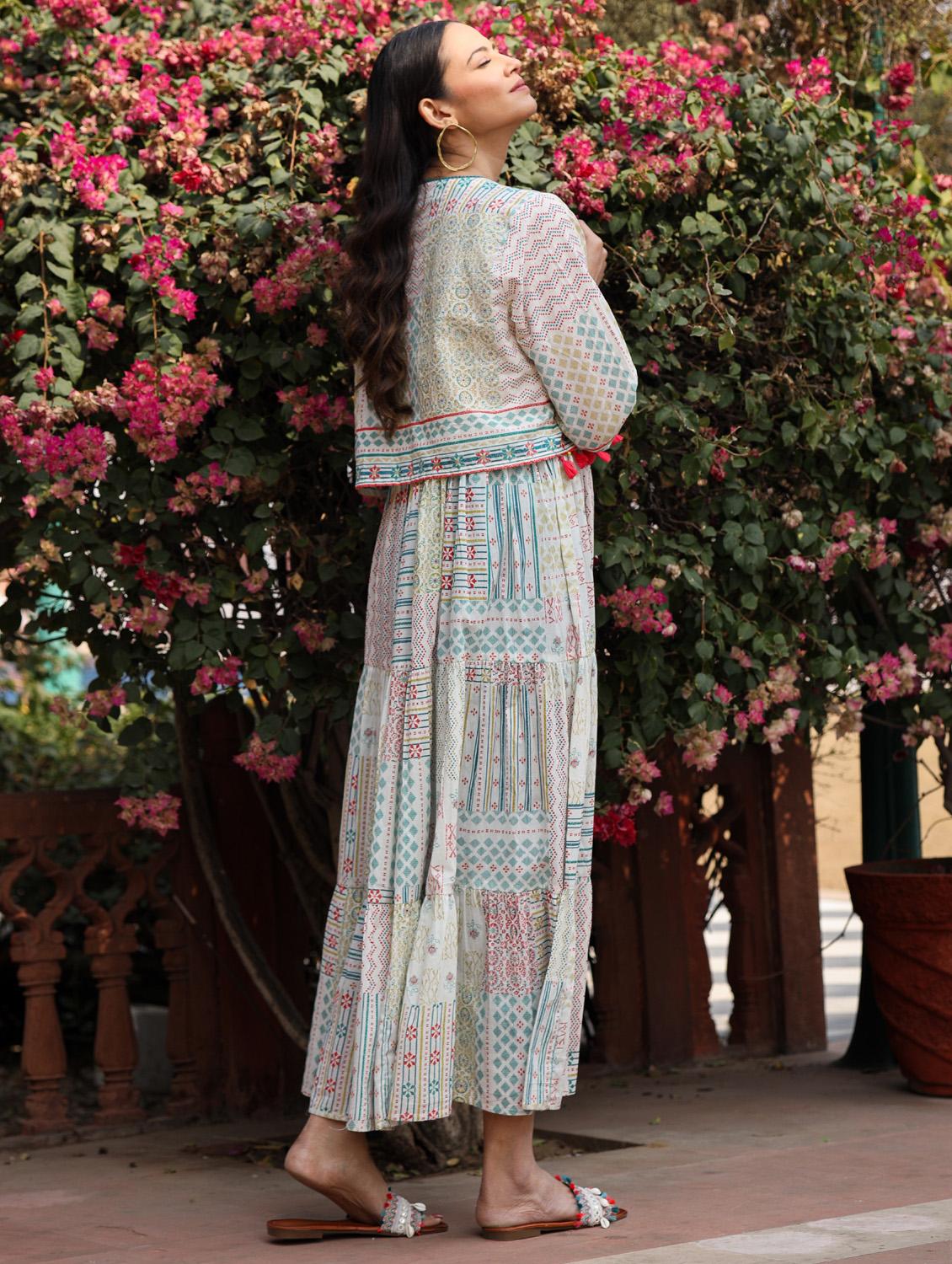 off white printed ethnic dress with jacket - 21337955 - Standard Image - 1