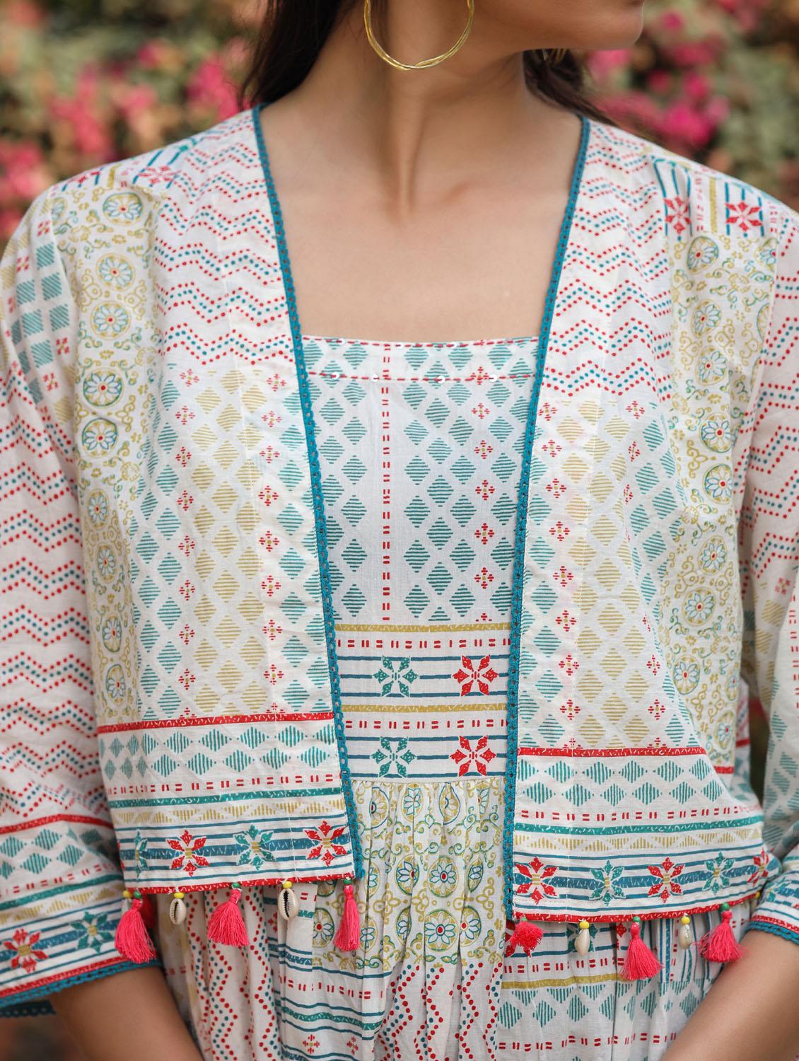 off white printed ethnic dress with jacket - 21337955 - Standard Image - 4