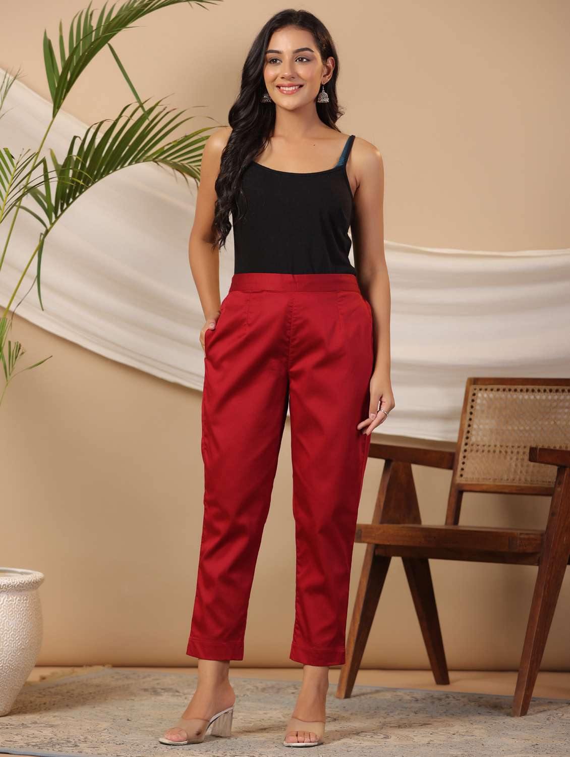 women maroon solid cigarette pants trouser - 21337979 -  Standard Image - 4