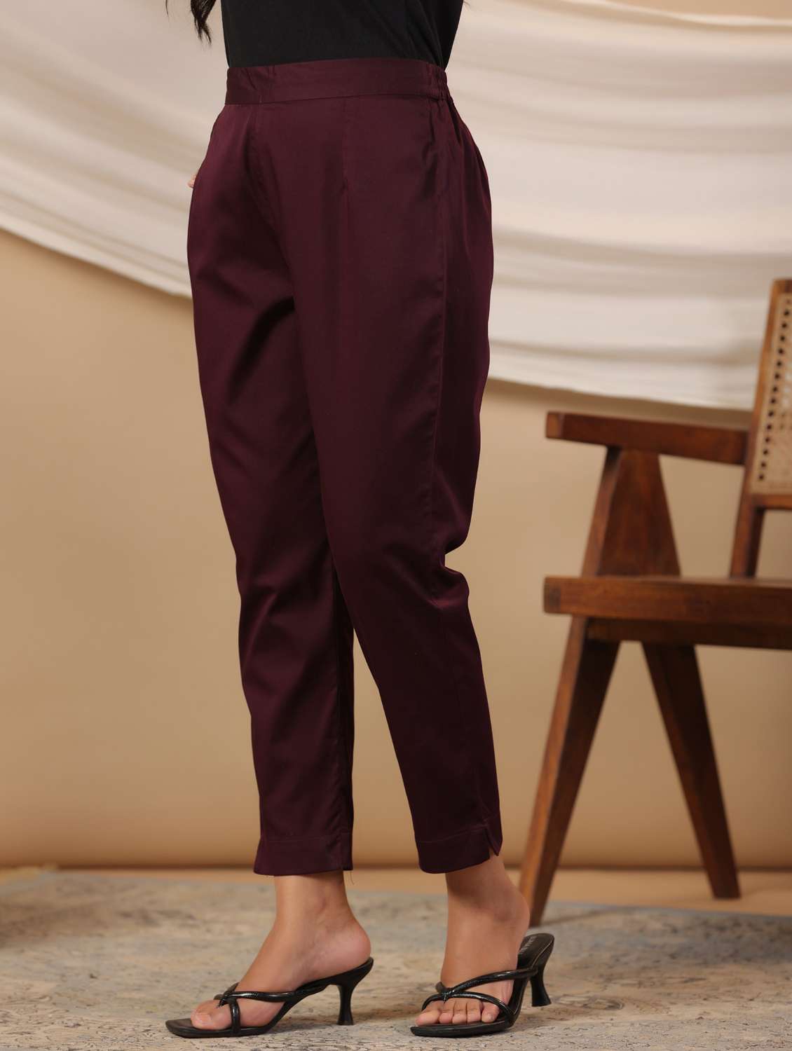 women maroon solid cigarette pants trouser - 21337980 -  Standard Image - 1