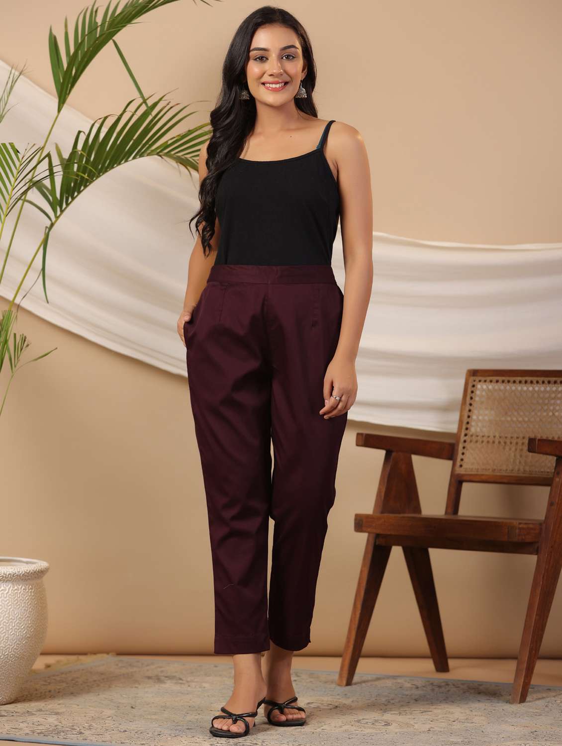 women maroon solid cigarette pants trouser - 21337980 -  Standard Image - 4