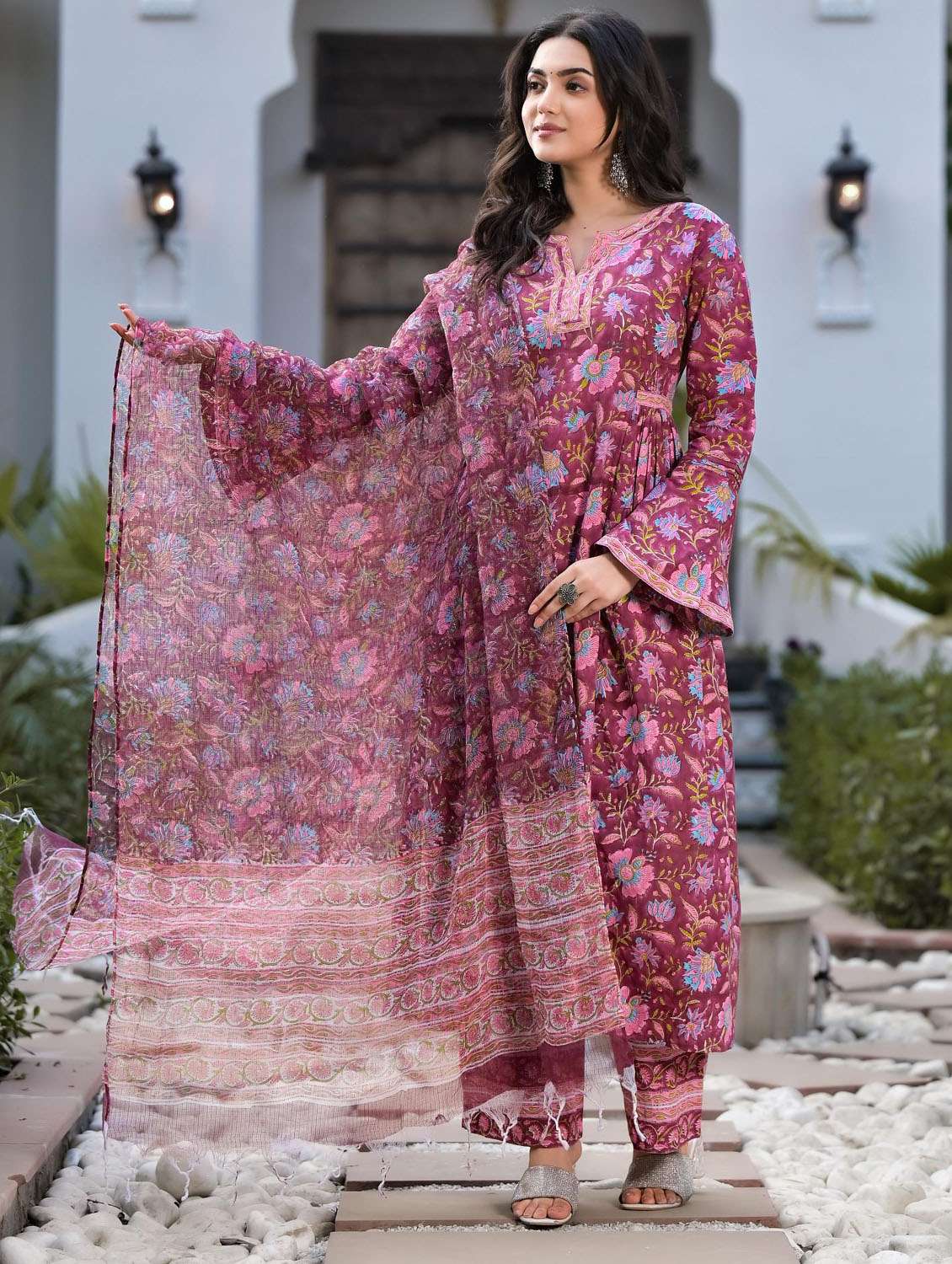 women purple long sleeve kurta pant with dupatta set