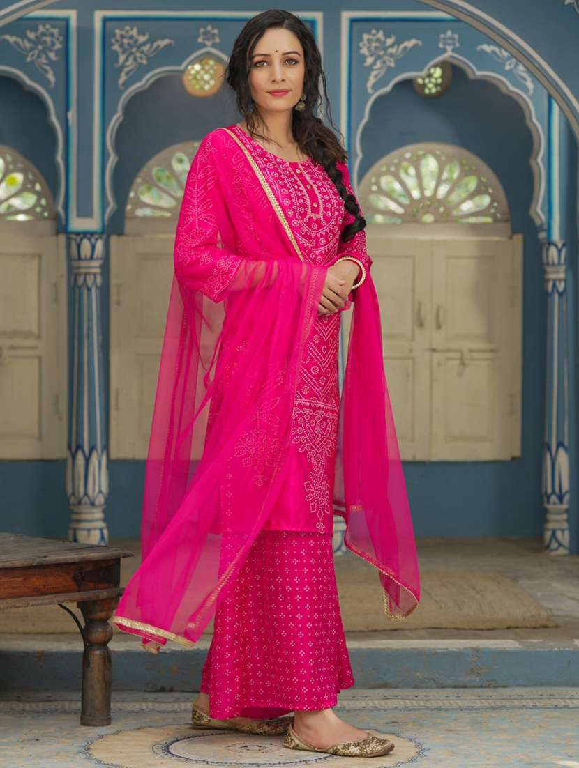 fuchsia bandhani kurta palazzo suit set - 21338537 -  Standard Image - 1