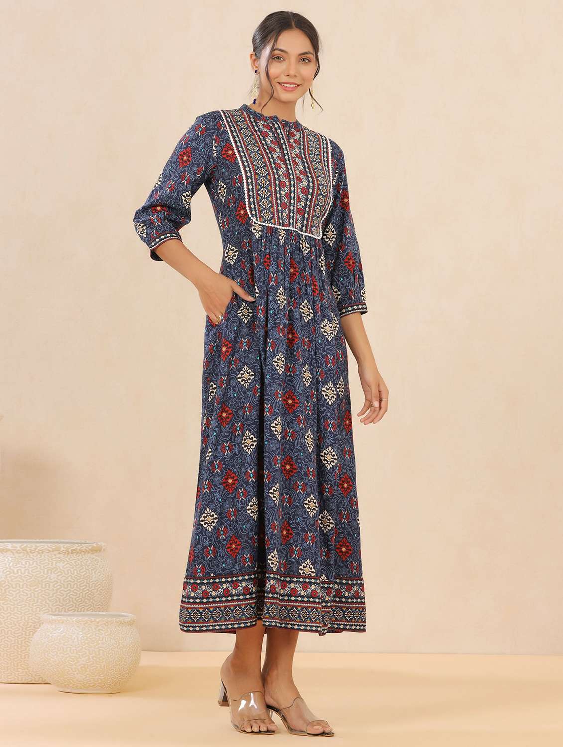 blue printed rayon ethnic dress - 21338625 -  Standard Image - 1