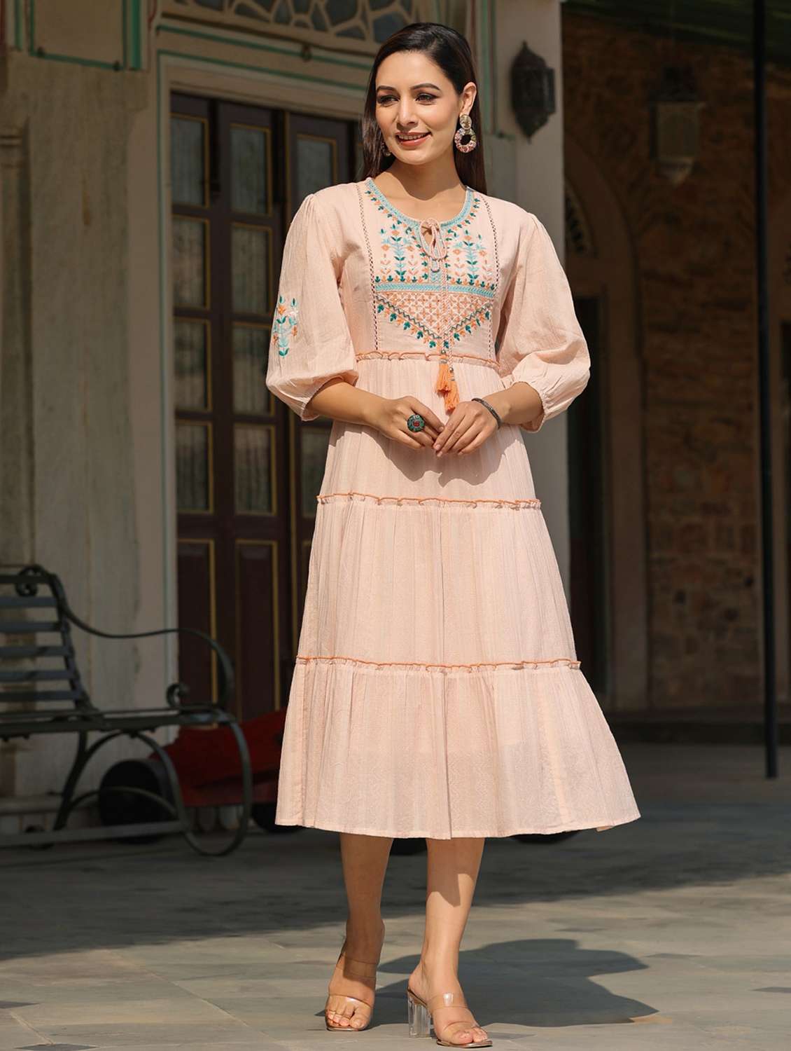 women peach tie-up neck tiered dress