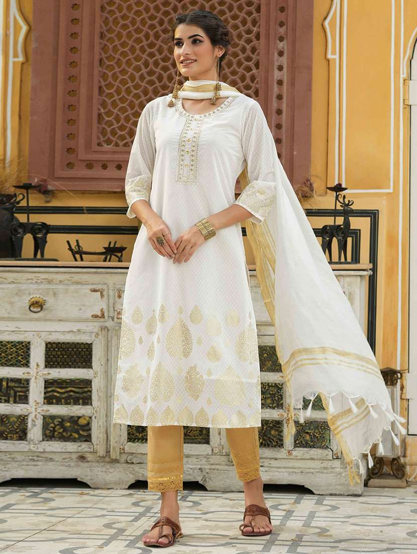 women off-white round neck suit set - 21338679 -  Standard Image - 1