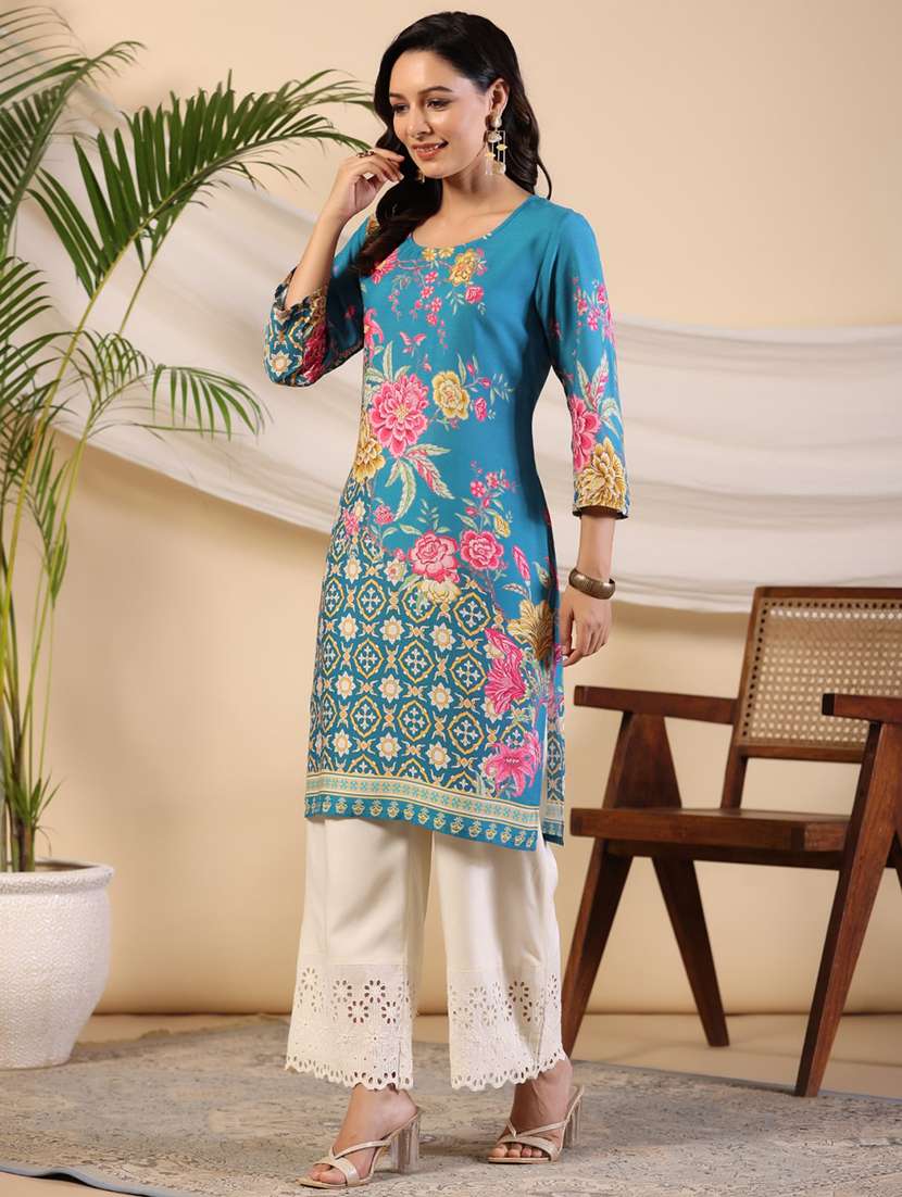 women three quarter sleeve straight kurta - 21338693 -  Standard Image - 1