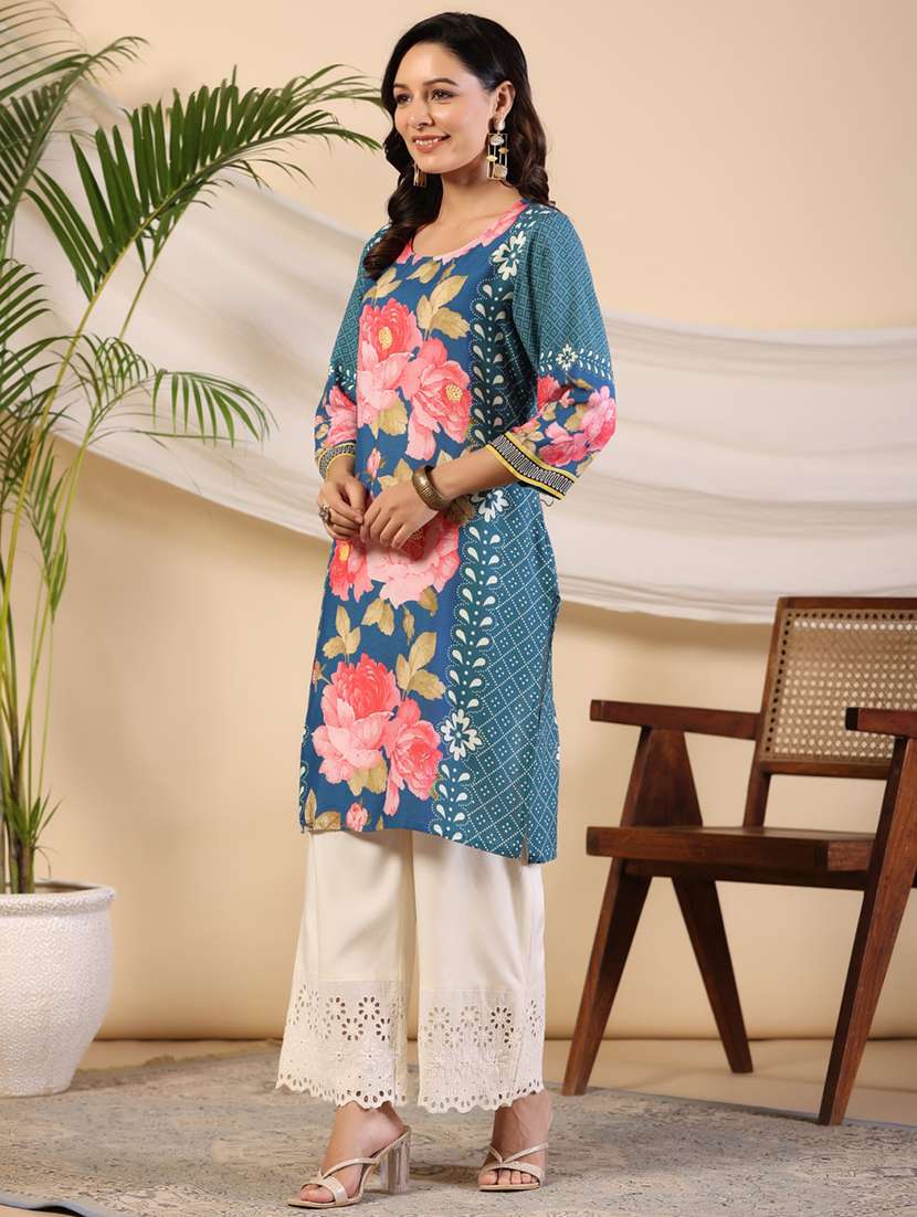 women three quarter sleeve straight kurta - 21338694 -  Standard Image - 1