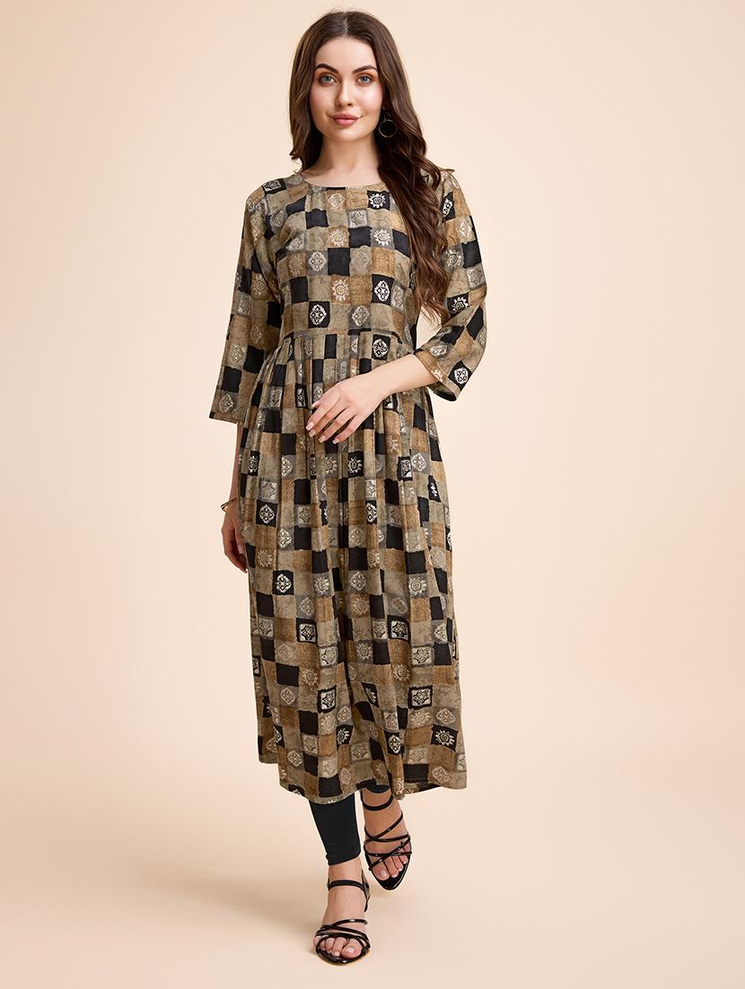 women three quarter sleeve printed flared kurta - 21339795 - Standard Image - 1