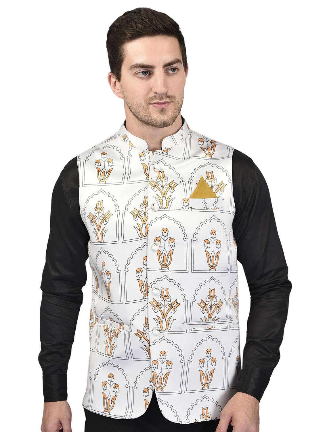 men mandarin neck printed nehru jacket - 21340572 -  Zoom Image - 0