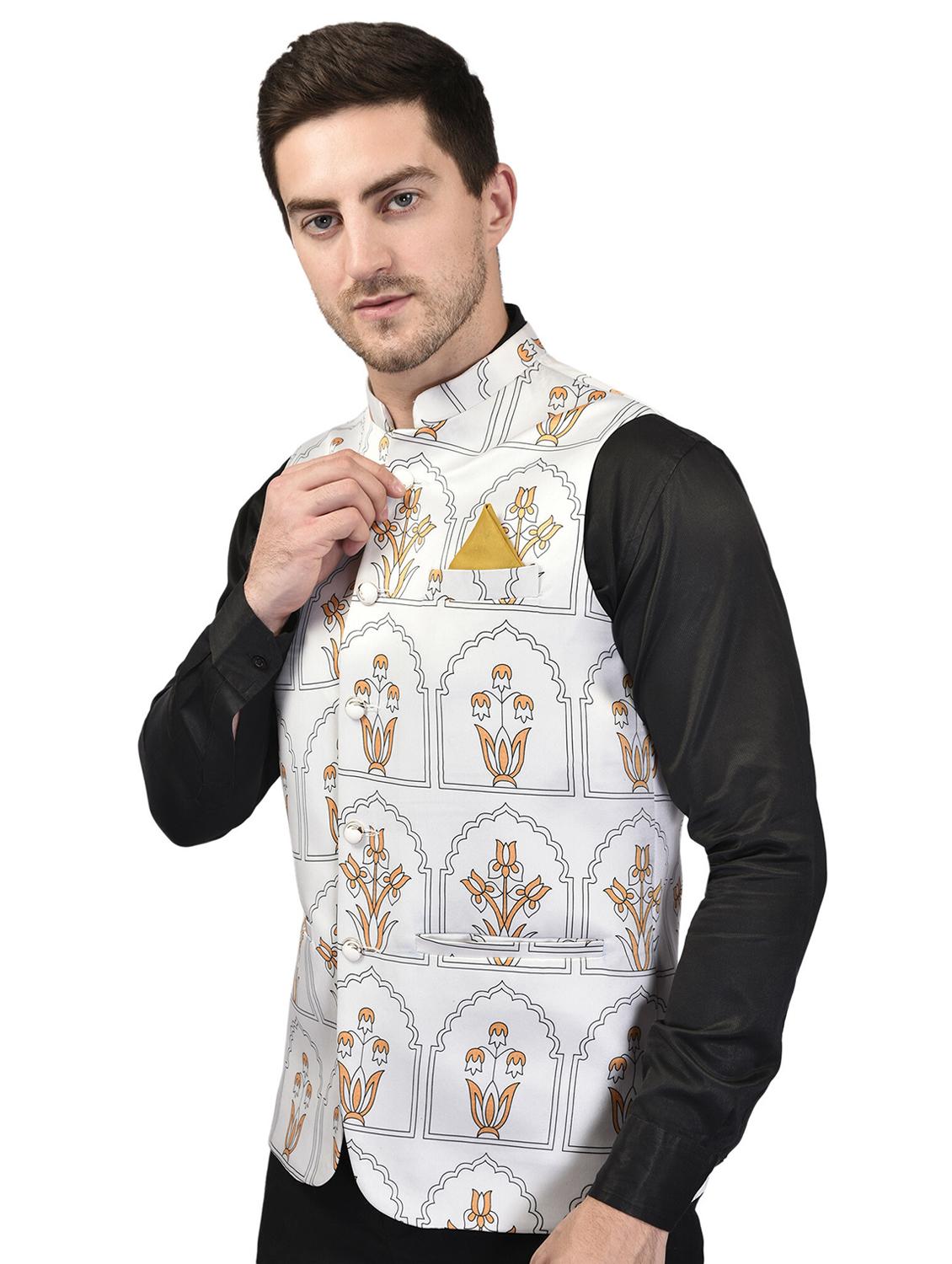 men mandarin neck printed nehru jacket - 21340572 - Standard Image - 1
