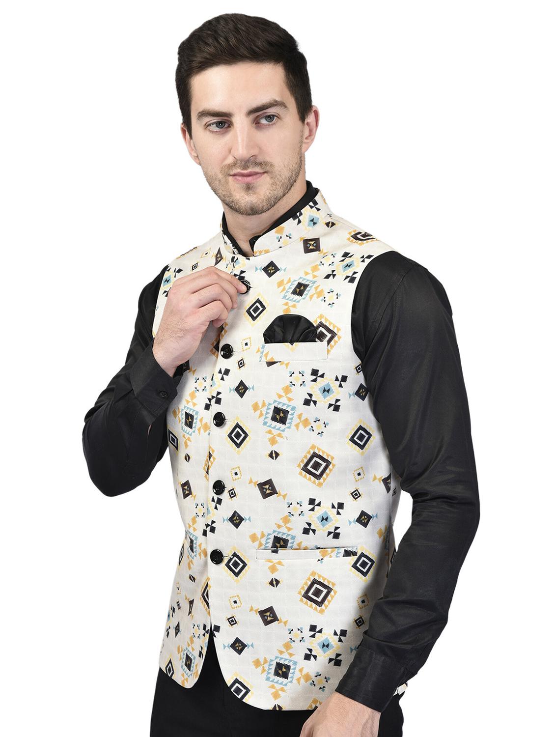 men mandarin neck printed nehru jacket - 21340573 - Standard Image - 1